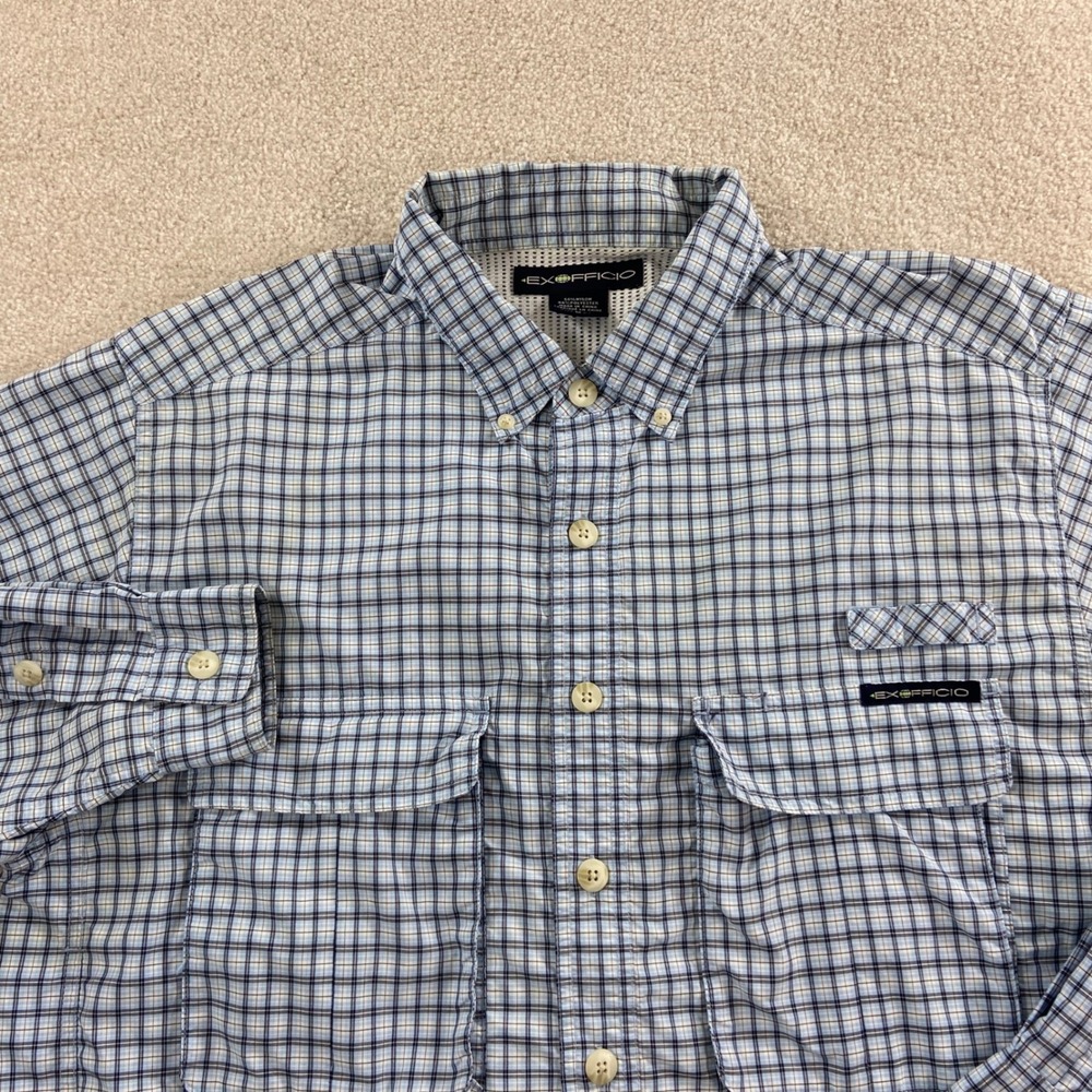 ExOfficio Fishing Shirt Mens Medium Blue Plaid Long Sleeve Ventilated Utility